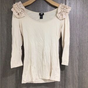 H&M Cream Long Sleeve Scoop Neck Top with Shoulder Floral Ruffles